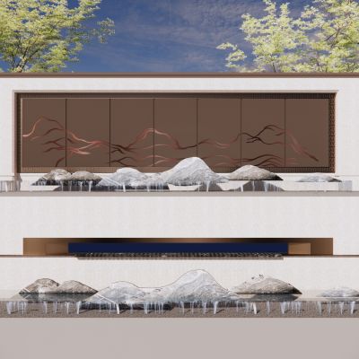 新中式景墙围墙文化墙格栅隔断水景墙景石