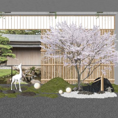 日式庭院小品景墙水景卵石景石动物鹿雕塑景观植物汀步石灯假山