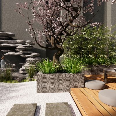 日式庭院小品景墙水景卵石景石雕塑景观植物汀步石灯茶具假山