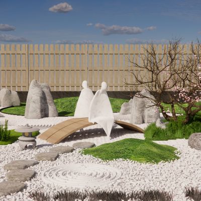 日式庭院小品景墙水景卵石景石雕塑景观植物汀步石灯枯山水惊鹿小品