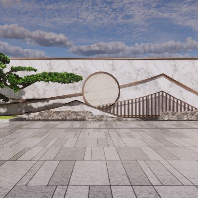 新中式景墙围墙金属水景墙造型松格栅景石假山