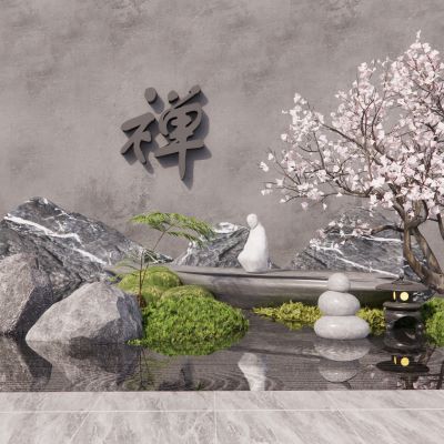 日式庭院小品景墙水景卵石景石人物雕塑景观植物汀步石灯