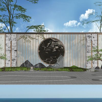 新中式景墙围墙格栅隔断月亮门景石景观树景观小品造型松