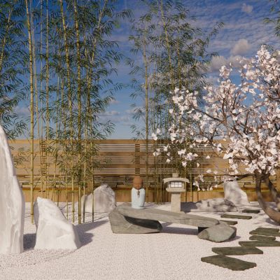 日式庭院小品景墙水景卵石景石雕塑景观植物汀步石灯竹子