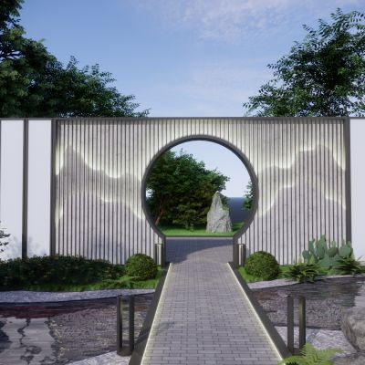 新中式景墙围墙居住区景墙格栅月亮门金属格栅景石水景