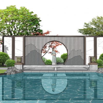 新中式景墙围墙月亮门金属格栅山水景墙隔断景观树