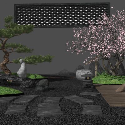 日式庭院小品景墙水景景石雕塑景观植物汀步