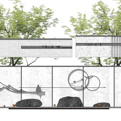 新中式景墙围墙居住区景墙格栅月亮门人物雕塑景石