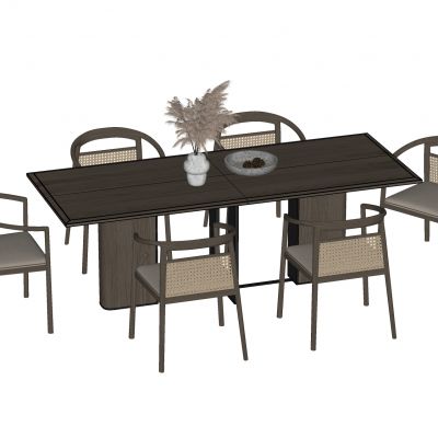 侘寂餐桌椅原木藤编座椅陈设摆件长桌餐具实木桌椅花瓶会议桌椅