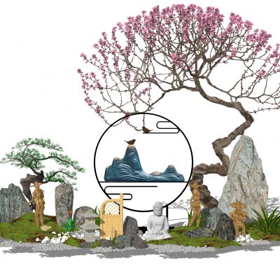 日式庭院小品景墙水景卵石景石人物雕塑景观植物汀步石灯景观草