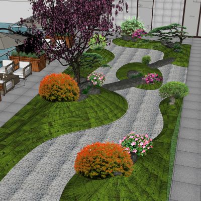 日式庭院小品景墙水景卵石景石雕塑景观植物汀步石灯户外沙发遮阳伞