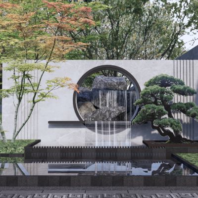 新中式水景墙对景景墙叠水景石月亮洞景观树造型树