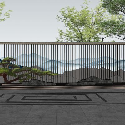 新中式景墙围墙金属水景墙造型松格栅景石