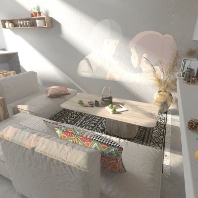 客厅 多人沙发 花瓶 水果 柠檬 餐具