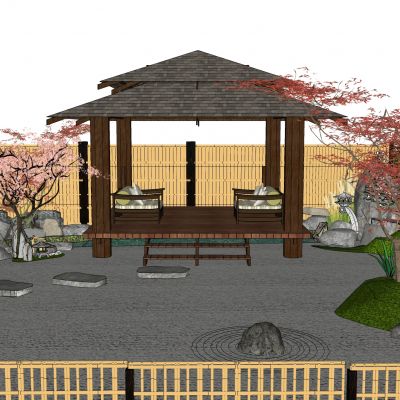 日式庭院小品景墙水景卵石景石雕塑景观植物汀步石灯茶室景亭枯山水