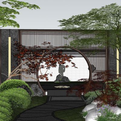 新中式景墙围墙居住区景墙格栅月亮门景石庭院小品