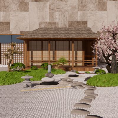 日式庭院小品景墙水景卵石景石雕塑景观植物汀步石灯茶室枯山水