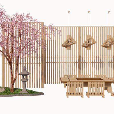 日式庭院小品景墙水景卵石景石雕塑景观植物石灯茶桌椅格栅隔断