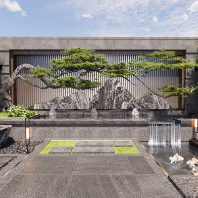 新中式山水景墙庭院景墙假山水景造型松树草丛植物竹子