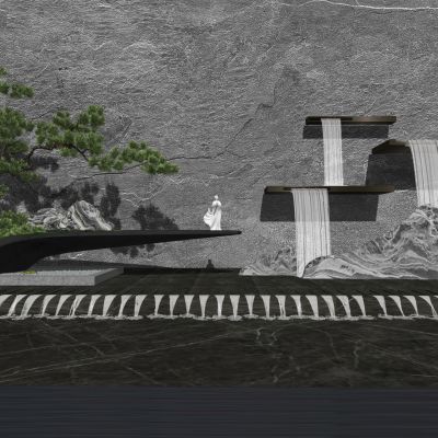 新中式景墙跌水景墙雕塑小品造型树景观树