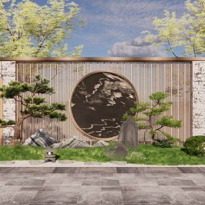 新中式景墙围墙格栅隔断月亮门景石景观树景观小品