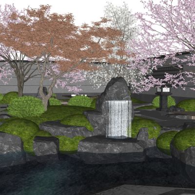 日式庭院小品景墙水景卵石景石雕塑景观植物汀步石灯围墙