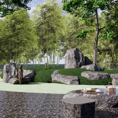 中式假山景石自然石山石景观植物石桌椅茶具