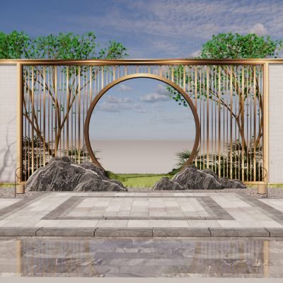 新中式景墙围墙居住区景墙金属格栅雕塑景石