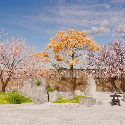 日式庭院小品景墙水景卵石景石雕塑景观植物汀步石灯景观草枯山水