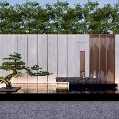 新中式景墙入口水景对景景墙示范区跌水跌水景墙围墙造型松格栅