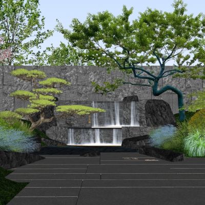 新中式景墙围墙月亮门金属格栅山水景墙隔断景观树