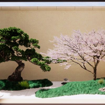 日式庭院小品景墙水景卵石景石景观植物汀步石灯假山枯山水