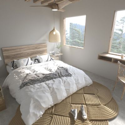 卧室 双人床 地毯 吊灯 衣物