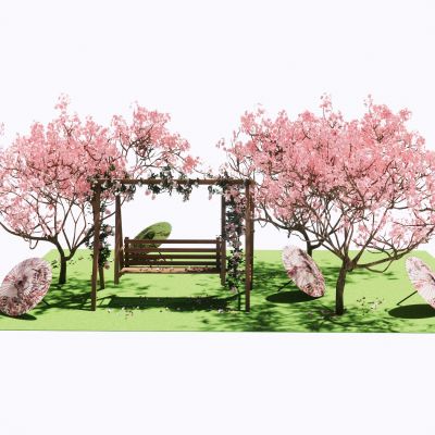 日式庭院景观小品秋千纸伞景观树攀爬植物月季樱花桃花