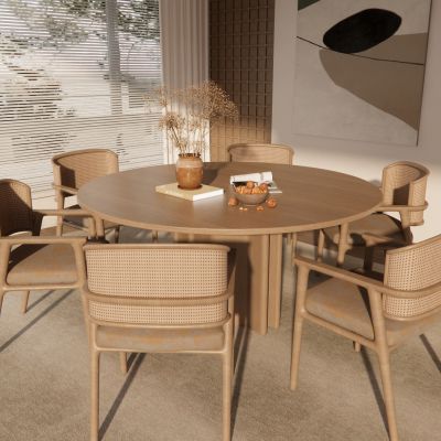 侘寂餐桌椅原木藤编座椅陈设摆件圆桌椅花瓶果盆