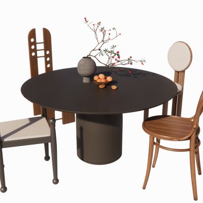 侘寂餐桌椅原木藤编座椅圆桌椅陈设摆件花瓶果盆