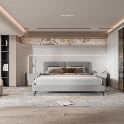 现代卧室 双人床 饰品 休闲椅 床头吊灯 无主灯造形吊顶 衣柜