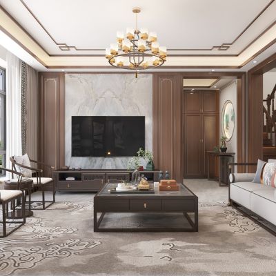 客厅 沙发 茶几 中式沙发 吊灯 