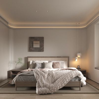 卧室 双人床 梳妆台 吊灯 室内装饰