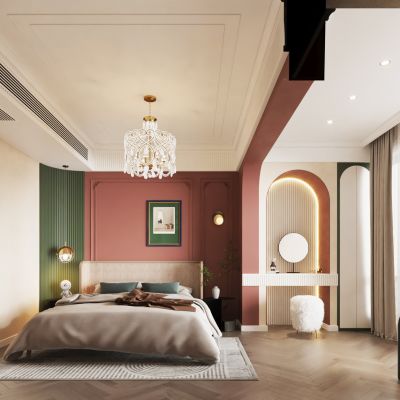 卧室 双人床 梳妆台 吊灯 室内装饰