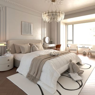 卧室 双人床 床头柜 柜子 休闲沙发 梳妆台 吊灯