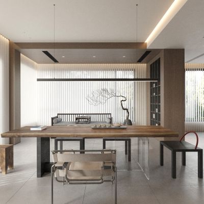 茶室 餐厅 茶桌椅 茶具 枯树  盆景 造景