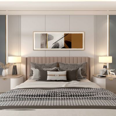 卧室 双人床 单人沙发 吊灯 室内装饰