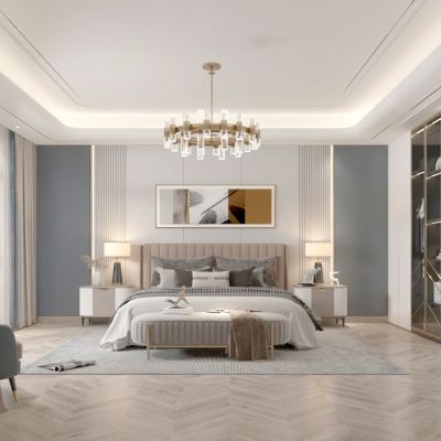 卧室 双人床 单人沙发 吊灯 室内装饰