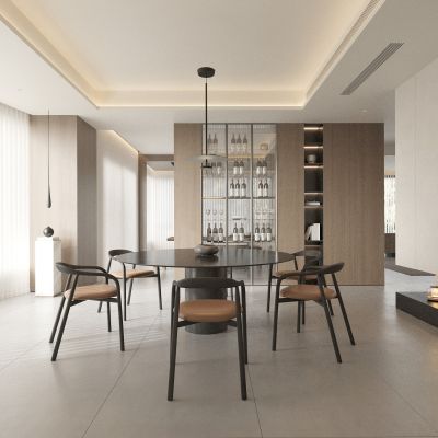 餐厅 圆形餐桌 多人餐桌 吊灯 酒柜