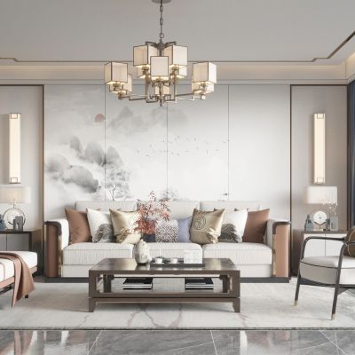 客厅 中式客厅 多人沙发 单人休闲沙发 实木茶几 吊灯 壁灯