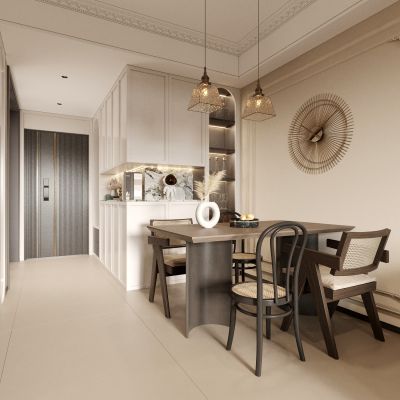 餐厅 客餐厅 餐边柜 吊灯 餐桌椅组合 时钟