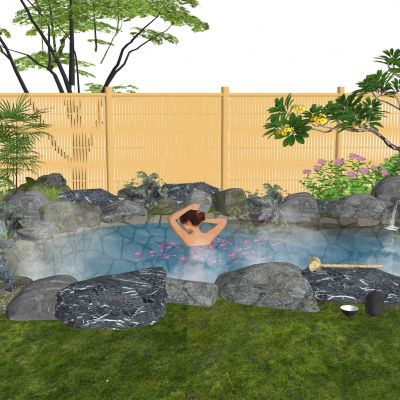 新中式露天温泉泡池禅意庭院花园花瓣温泉池温泉酒店私汤泡池竹编篱笆