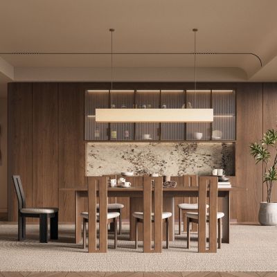 侘寂中古风餐厅 餐桌椅 吊灯 酒柜 餐边柜 挂画