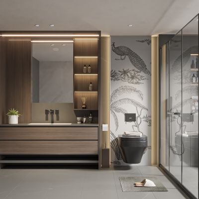 现代卫生间 浴室柜 洗脸盆 镜柜 玻璃隔断 淋浴